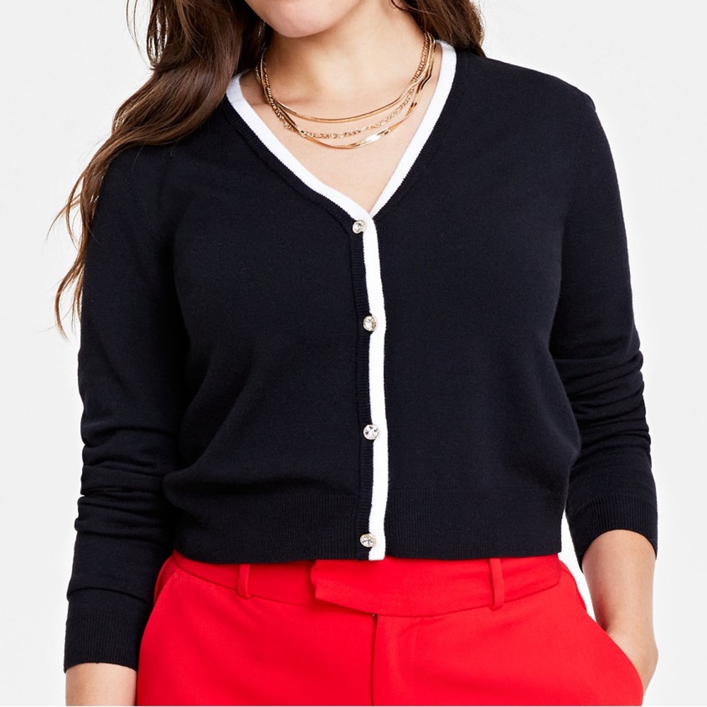 Black & White v-neck cardigan with rhinestone button closure.